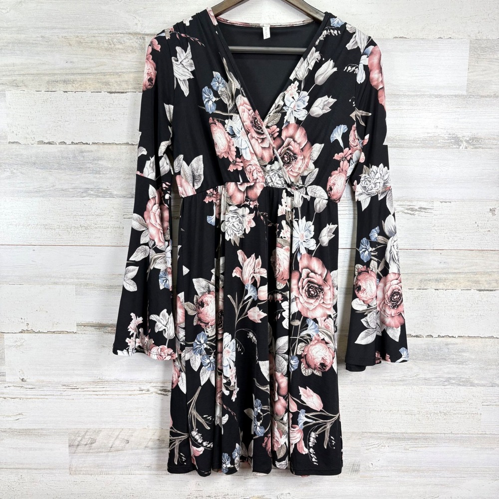 Pink Blush Floral Print Black & Pink Dress Womens Medium Long Bell Sleeve Black